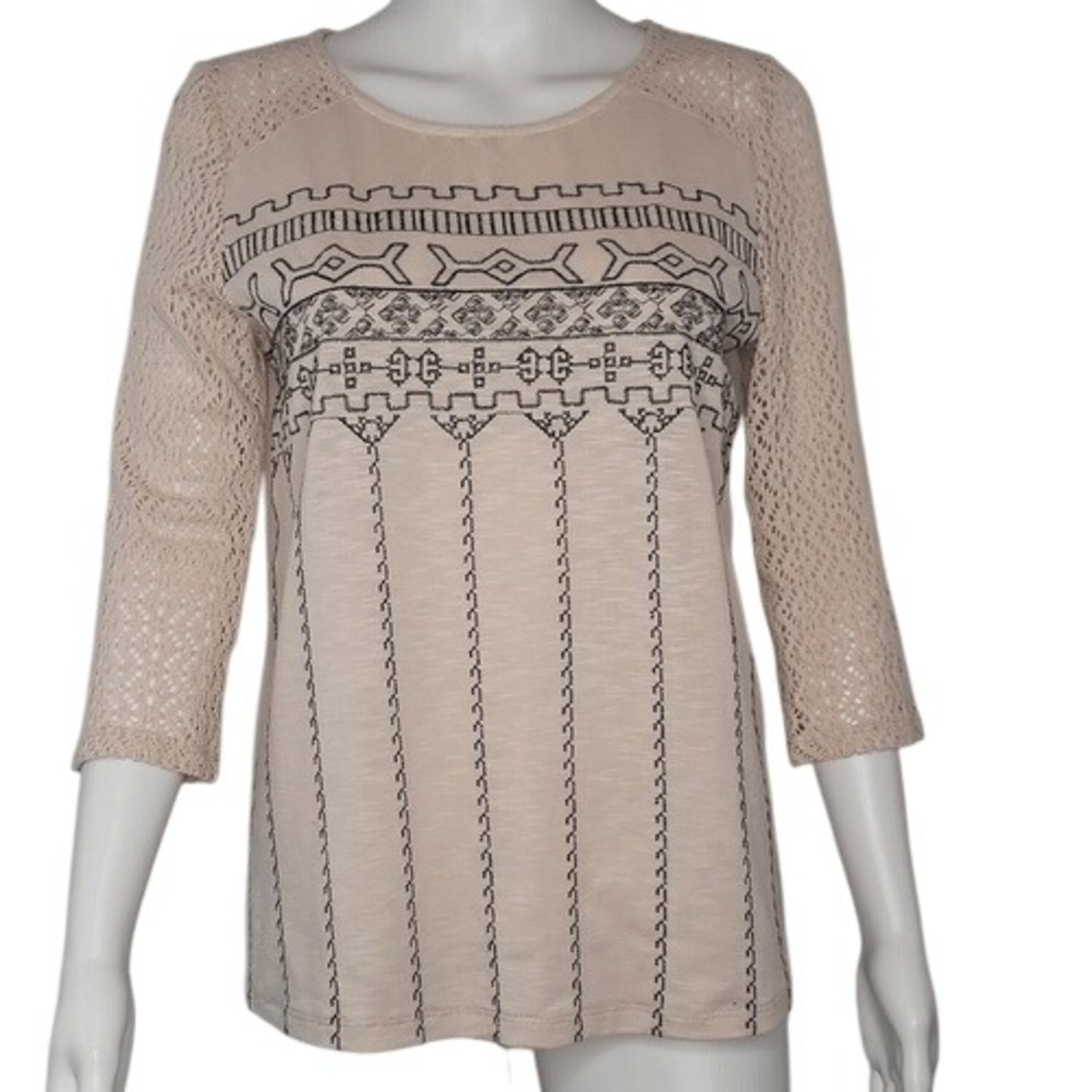 Ezra‎ Cream & Navy Blue 3/4 Sleeve Top